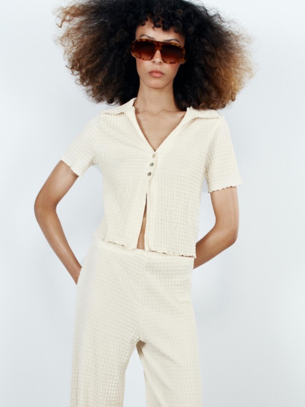 NWOT Zara Matching Set Textured Straight Leg Pants Button Top Cream Ivory SMALL